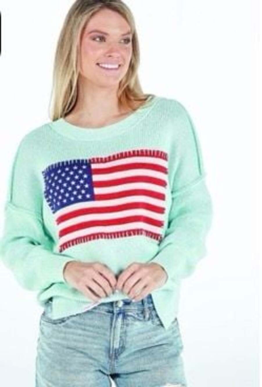 Simply Southern Classic USA Flag Whipstitch Knit Sweater Surf Seafoam Size M